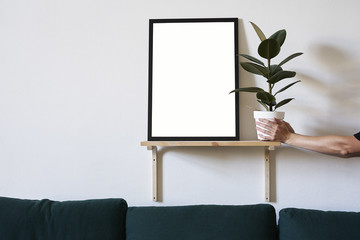 Poster in black frame in white stylish modern interior on a wall above green sofa. Woman holds a plant in pot. Design template mockup.