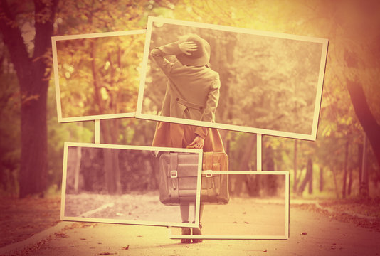 Redhead girl with suitcase in the autumn park. Collage concept image