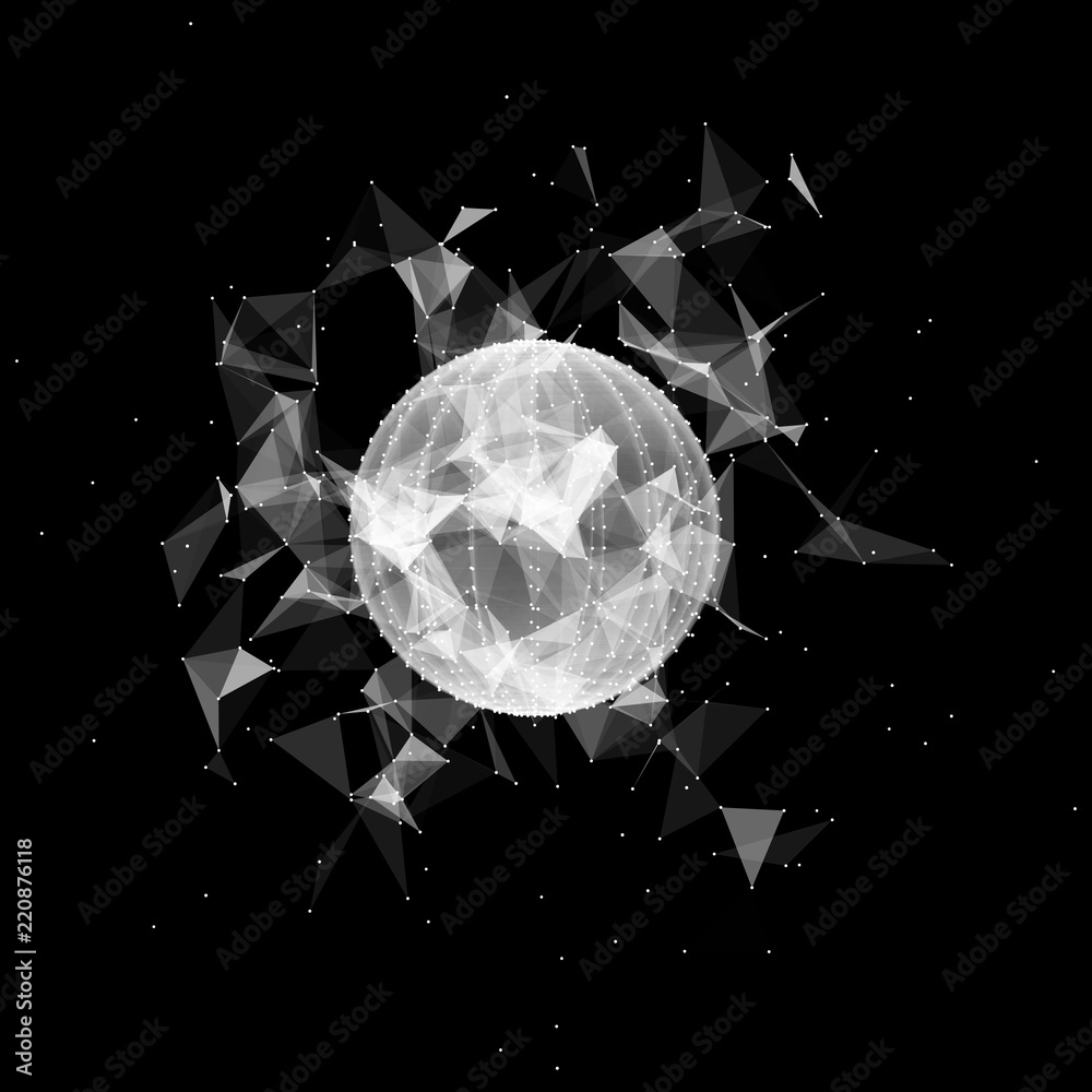Poster 3d sphere made of points. Particle circle. Abstract vector sphere. Сircular 3d ornament. Vector ilustration.