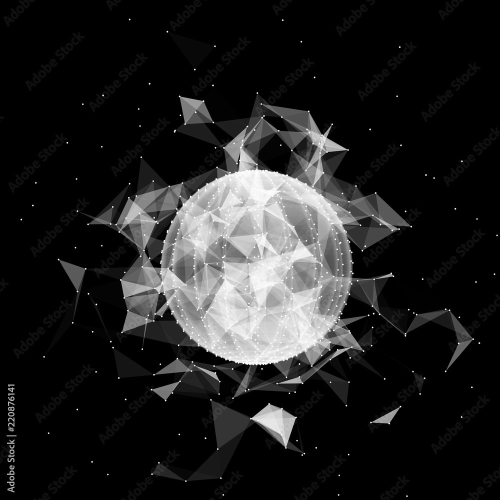 Poster 3d sphere made of points. Particle circle. Abstract vector sphere. Сircular 3d ornament. Vector ilustration.