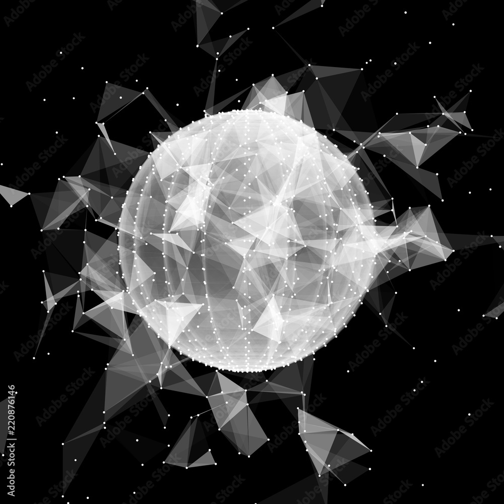 Poster 3d sphere made of points. Particle circle. Abstract vector sphere. Сircular 3d ornament. Vector ilustration.