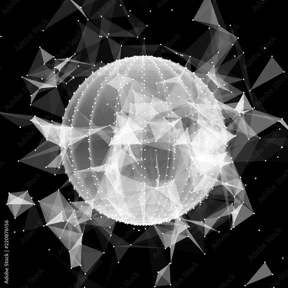 Poster 3d sphere made of points. Particle circle. Abstract vector sphere. Сircular 3d ornament. Vector ilustration.