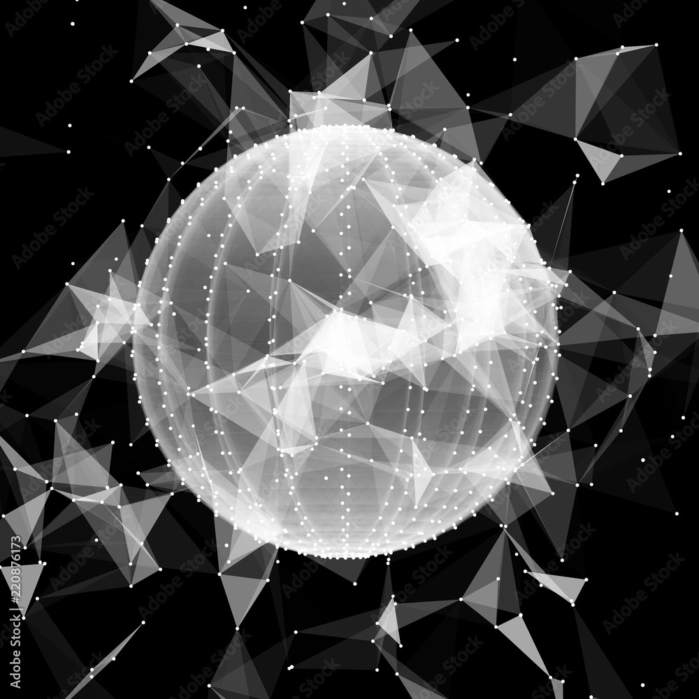 Poster 3d sphere made of points. Particle circle. Abstract vector sphere. Сircular 3d ornament. Vector ilustration.