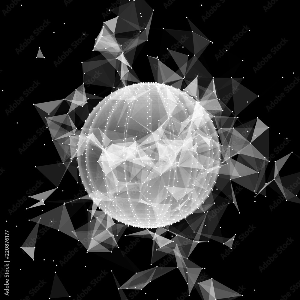 Poster 3d sphere made of points. Particle circle. Abstract vector sphere. Сircular 3d ornament. Vector ilustration.