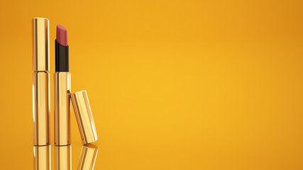 Lipstick on a yellow background. Bottle, lipstick, accessory, style, makeup, lips, beauty, make-up, facials, packing. Cosmetics.