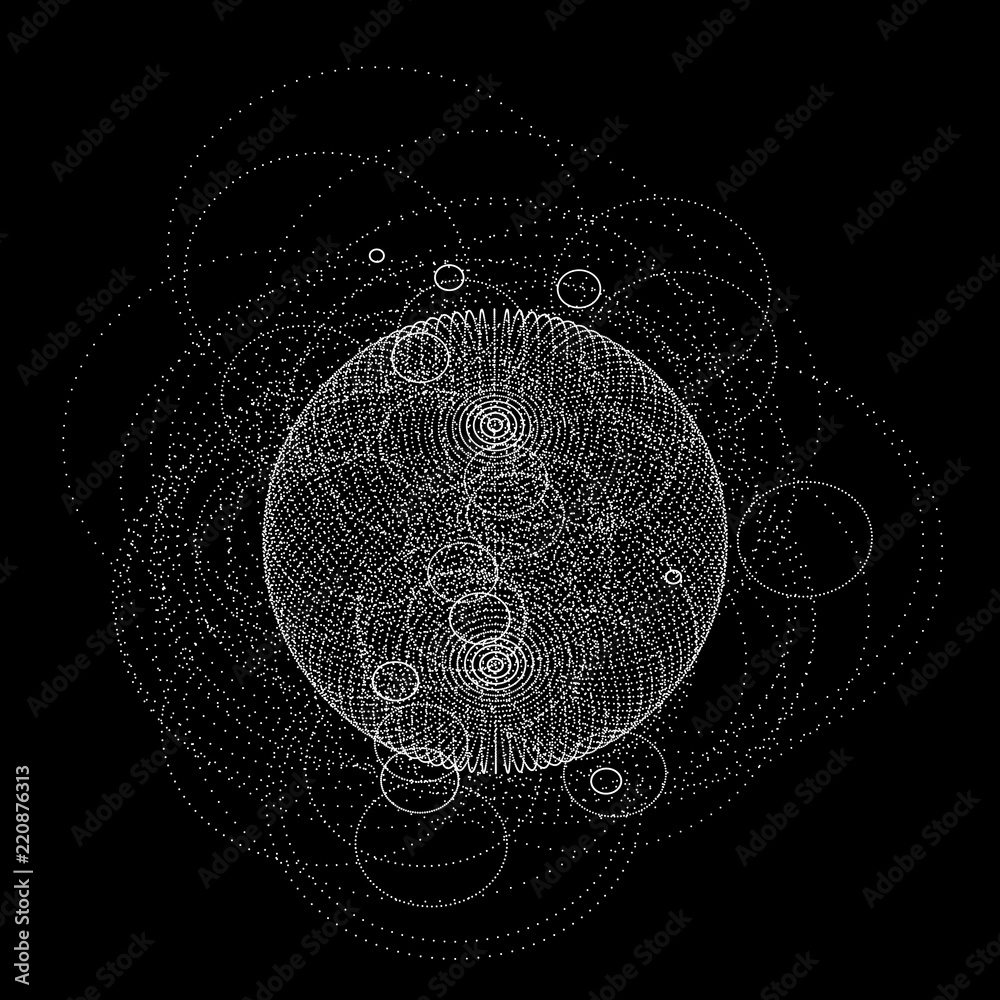 Poster 3d sphere made of points. Particle circle. Abstract vector sphere. Сircular 3d ornament. Vector ilustration.
