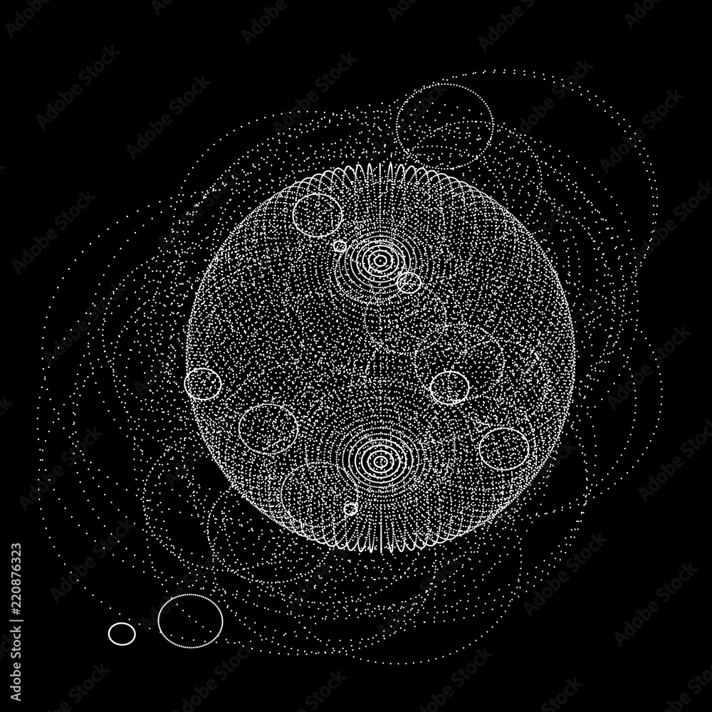 Poster 3d sphere made of points. Particle circle. Abstract vector sphere. Сircular 3d ornament. Vector ilustration.