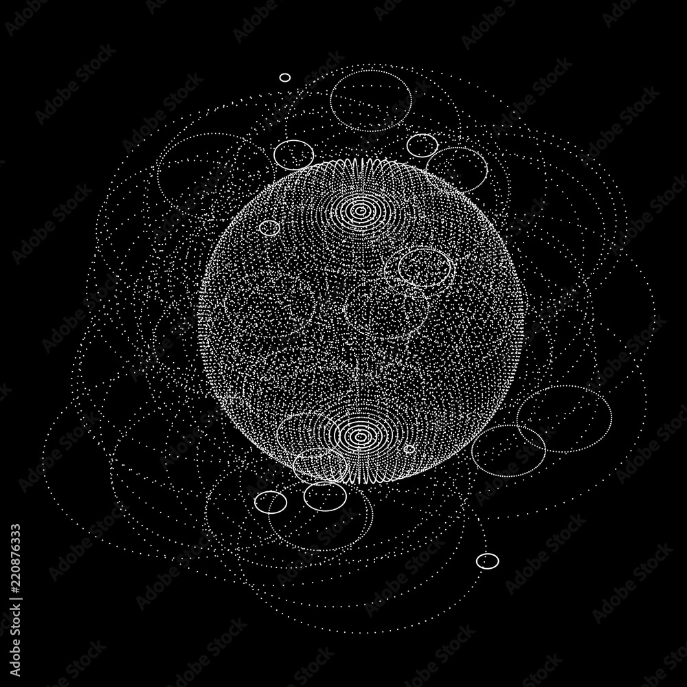 Poster 3d sphere made of points. Particle circle. Abstract vector sphere. Сircular 3d ornament. Vector ilustration.