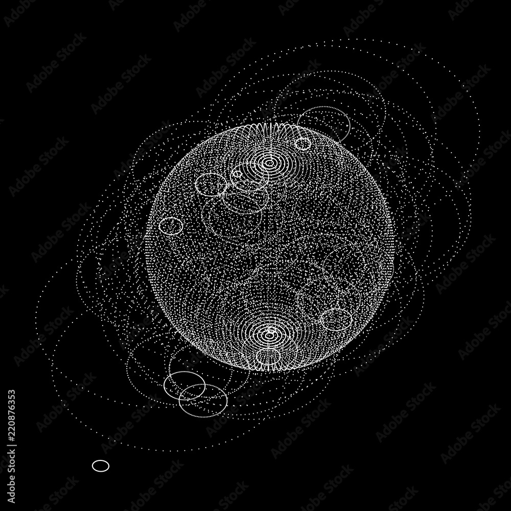 Poster 3d sphere made of points. Particle circle. Abstract vector sphere. Сircular 3d ornament. Vector ilustration.