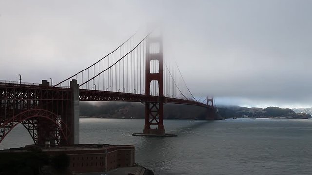 Golden Gate Bridge with fog from Fort Point, San Francisco Bay, California, United States. Symbol, icon and landmark of San Francisco. Urban cityscape panorama. Travel and holidays concept.