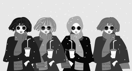 Naklejka premium Winter, snowing and women with hot drink illustration