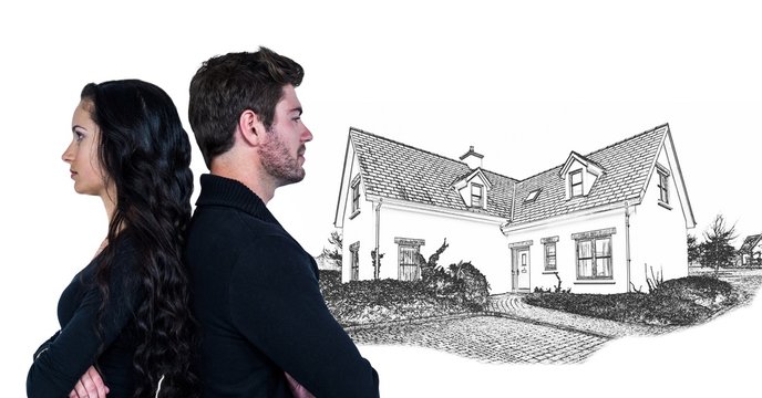 Couple unhappy in front of house drawing sketch