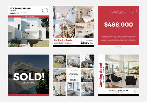 Realtor Social Media Post Layout Set with Red Accents