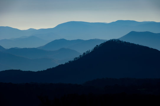 Misty View Of The Blue Ridge Mountain Range From Cullowhee, North Carolina, USA.