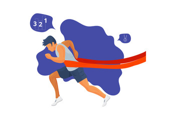 Team Leadership vector illustration: successful leading athlete young man running on a finish line.