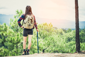 Young woman traveller with backpack in a woods. Hiking at summertime.