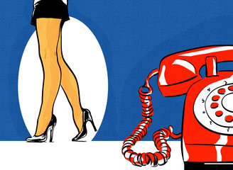pop art femme sexy mini jupe entrain de marcher avec ses talons et  gros plan (partiel) telephone rouge rétro des années 60 - 220885558