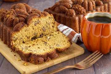 Homemade pumpkin bread made in decorative pan
