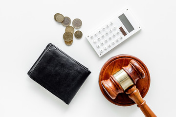 Financial failure, bankruptcy concept. Judge gavel, wallet, coins, calculator on white background...