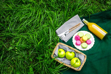 Summertime picnic concept. Light meal. Appetizers. Sweets and fruits on green grass top view copy space