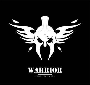 winged warrior head in white on black background