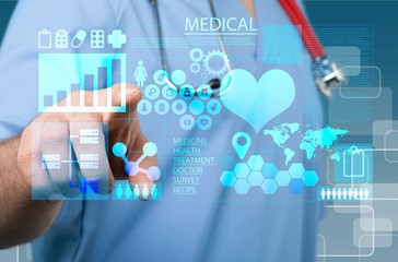 Medical icons and young  doctor with stethoscope