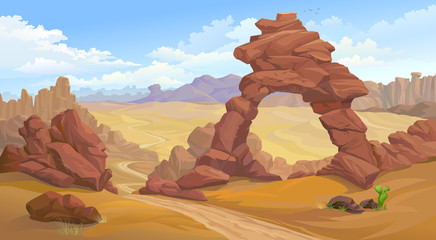 A natural arc formation in the middle of a desert. A road passing towards canyon. 