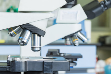 Close up of microscope at the blood laboratory, Concept Science and Technology