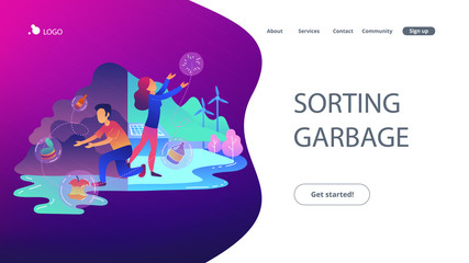 People with garbage trying to reach zero waste. Technology of ecological waste free journey focusing on landfill trash. Sorting garbage landing page. Vector illustration on ultraviolet background