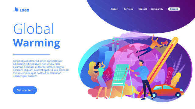 People in panic to announce global heating data. Global warming landing page. Globe with power plant and traffic fumes, environment pollution. Violet palette. Vector illustration on background