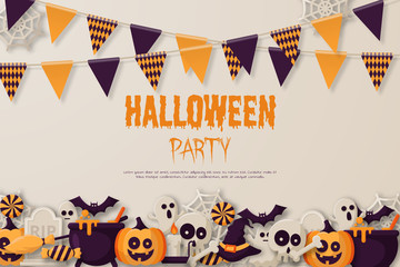 Happy Halloween Party Background with  pumpkins, ghosts, candy, witch broom, bats, cobwebs, skulls, bones, headstones, witch hats. Paper art style. Vector Illustration