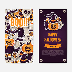 Happy Halloween two sides poster, flyer or menu design with  pumpkins, ghosts, candy, witch broom, bats, cobwebs, skulls, bones, headstones, witch hats. Paper art style. Vector Illustration