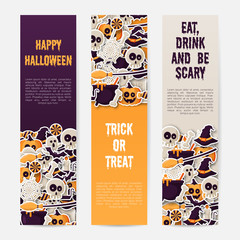 Set of Happy Halloween Banner with  pumpkins, ghosts, candy, witch broom, bats, cobwebs, skulls, bones, headstones, witch hats. Paper art style. Vector Illustration
