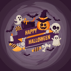 Happy Halloween Background with  pumpkins, ghosts, candy, witch broom, bats, cobwebs, skulls, bones, headstones, witch hats. Paper art style. Vector Illustration