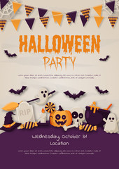 Happy Halloween Party Poster with  pumpkins, ghosts, candy, witch broom, bats, cobwebs, skulls, bones, headstones, witch hats. Paper art style. Vector Illustration