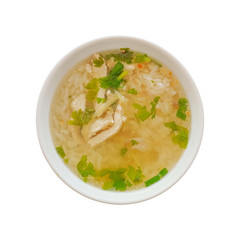 homemade boiled rice with chicken in  bowl  on white background included clipping path