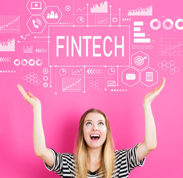 Fintech with young woman reaching and looking upwards