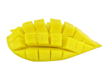 Yellow ripe sweet beautiful mango fruit and mango slice with cubes isolated white background.