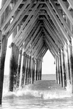 Fototapeta Under a pier on the Atlantic Ocean, Sunset Beach, North Carolina, showing the structure of the pilings and support structure, in black and white