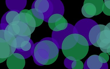 Multicolored translucent circles on a dark background. Green tones. 3D illustration
