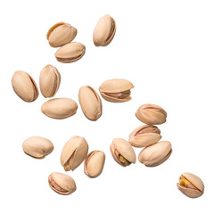 Pistachio nuts isolated on white background. Levity kernels