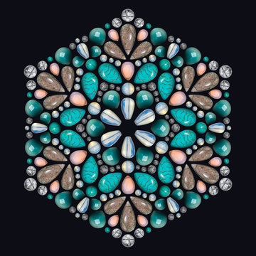 Creative layout of jewelry. The mandala is made of different gemstones on black background.