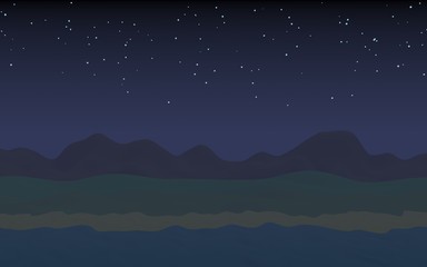 Fototapeta premium Starry moonless sky. Ocean shore line with waves on a beach. Island beach paradise with waves. Vacation, summer, relaxation. Seascape, seashore. Minimalist landscape, primitivism. 3D illustration