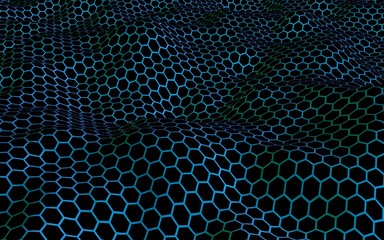 Honeycomb wave effect on a blue green background. Perspective view on polygon look like honeycomb. Isometric geometry. 3D illustration