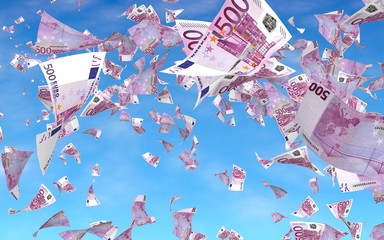 Flying euro banknotes against the sky background. Money is flying in the air. 500 EURO in color. 3D illustration