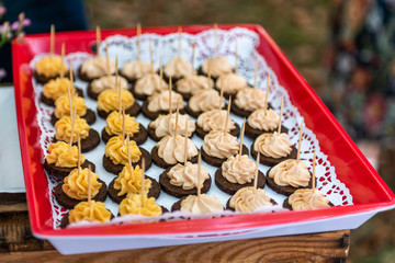 buffet Assortment of canapes. Banquet service. catering food, snacks with mixed fingerfood appetizers