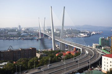 Fototapeta premium Golden cable-stayed bridge road car traffic from above. Modern Vladivostok Russia night illumination. Old and modern central buildings.