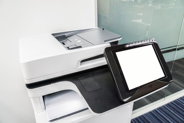 close up mock up touch screen of multi function printer in office for printing and scanning document