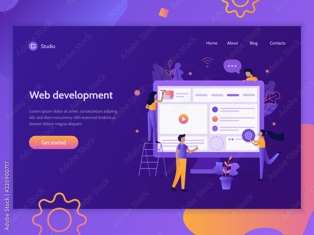 Poster teamwork project. the creation of a web site. modern web banner template. website development. flat 