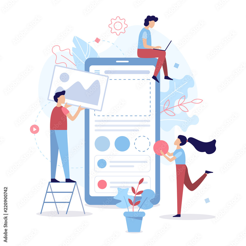 Poster the development team creates a mobile application. flat vector illustration.